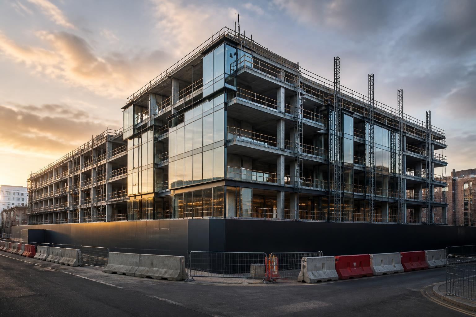 Modern commercial development under construction at dusk
