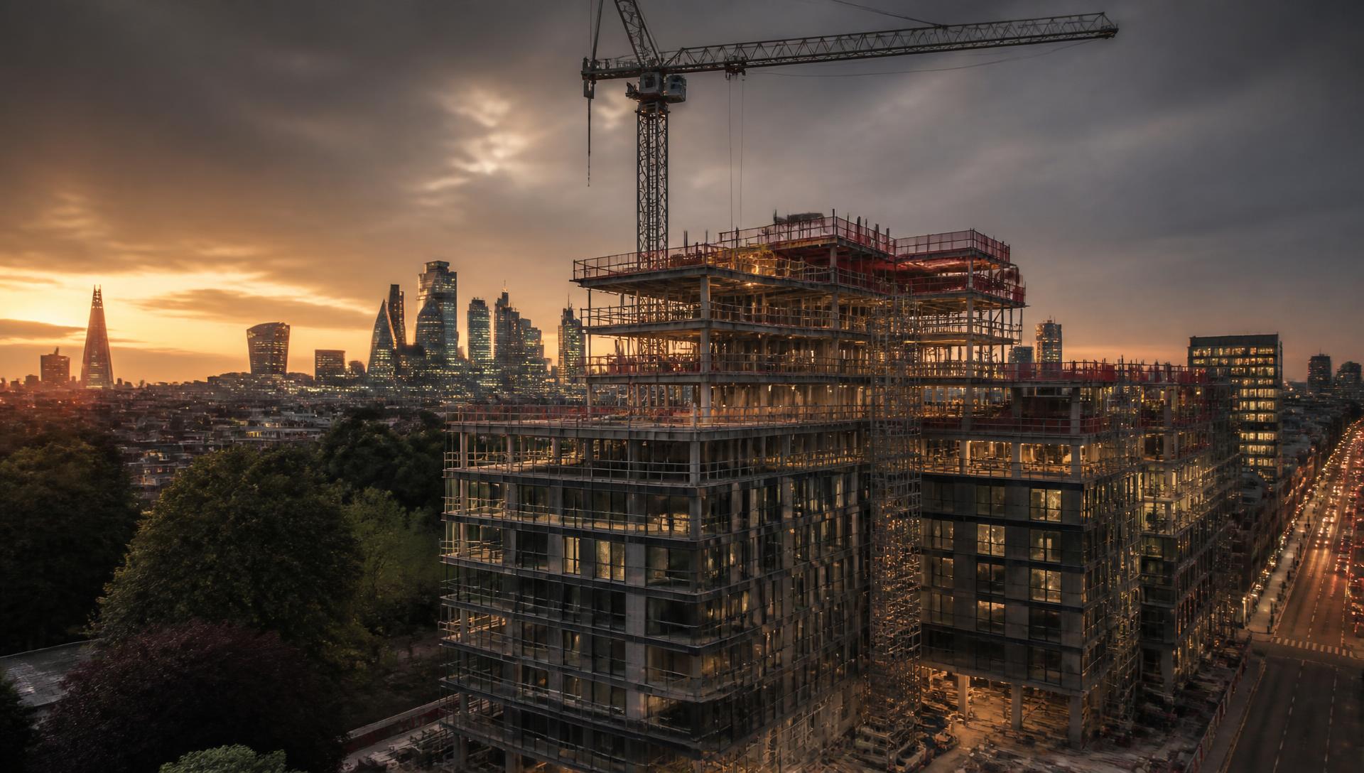 Large residential development under construction in Central London at dusk